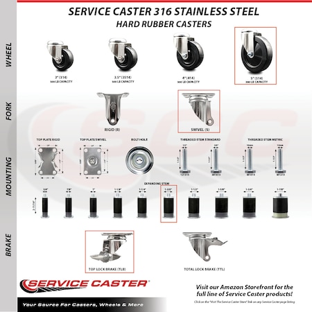 Service Caster 5 Inch 316SS Hard Rubber Swivel 1-3/8 Inch Expanding Stem Caster Set Brake SCC SCC-SS316EX20S514-HRS-TLB-138-4